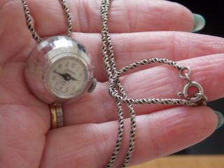 Vintage Ladies Silvertone Windup Fob Watch By Endura,  A Stamped 925 Silver Chai
