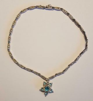 Vintage Bogoff Signed Turquoise And Clear Rhinestone Necklace Rhodium Setting