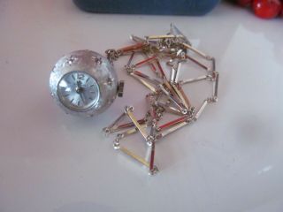 Vtg Bucherer Pendant Ball Atomic Orb Necklace Crystal Swiss Watch 800 Silver