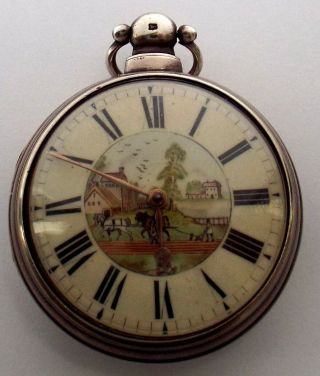 Rare Fine Painted Dial Silver Verge Fusee Pocket Watch With Key