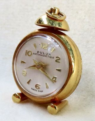 Vintage Dulux Solid 18k Gold Alarm Watch Pendant Charm Runs Well Hallmarked