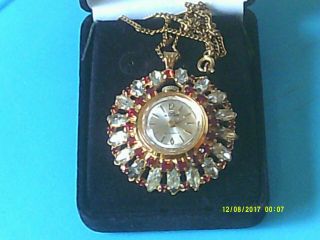 1960s Vintage Buler 17 Jewels Necklace Pendant Watch,  Ruby Red,  Clear Rhinestones