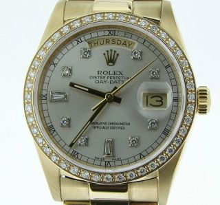 Mens Rolex Day - Date President 18k Gold Watch Silver Diamond Dial 1ct Bezel 18038