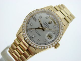 Mens Rolex Day - Date President 18K Gold Watch Silver Diamond Dial 1ct Bezel 18038 2