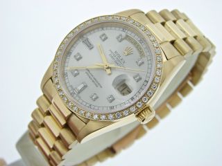 Mens Rolex Day - Date President 18K Gold Watch Silver Diamond Dial 1ct Bezel 18038 5
