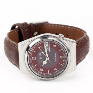 Vintage Citizen Automatic Analog Wrist Watch Leather Strap Red Dial 4 - 824083k