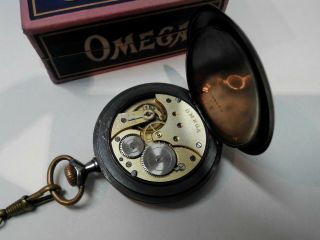 VERY RARE ANTIQUE POCKET WATCH OMEGA SWISS MADE OPEN FACE,  BOX AND CHAIN 12