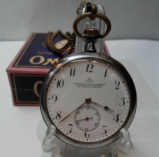 VERY RARE ANTIQUE POCKET WATCH OMEGA SWISS MADE OPEN FACE,  BOX AND CHAIN 4