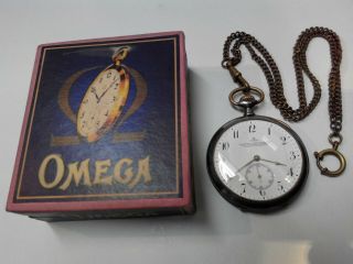 VERY RARE ANTIQUE POCKET WATCH OMEGA SWISS MADE OPEN FACE,  BOX AND CHAIN 5