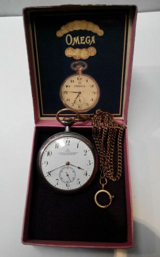 VERY RARE ANTIQUE POCKET WATCH OMEGA SWISS MADE OPEN FACE,  BOX AND CHAIN 6
