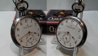 VERY RARE ANTIQUE POCKET WATCH OMEGA SWISS MADE OPEN FACE,  BOX AND CHAIN 7