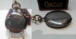 VERY RARE ANTIQUE POCKET WATCH OMEGA SWISS MADE OPEN FACE,  BOX AND CHAIN 8