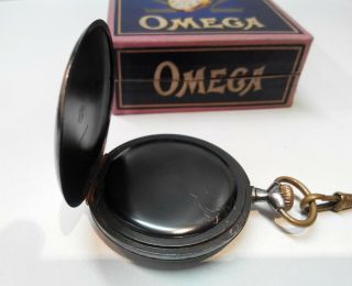 VERY RARE ANTIQUE POCKET WATCH OMEGA SWISS MADE OPEN FACE,  BOX AND CHAIN 9