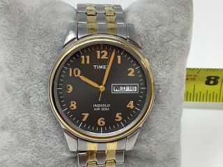 Mens Timex Black Face Indiglo 2 Tone Stretch Band Watch Battery
