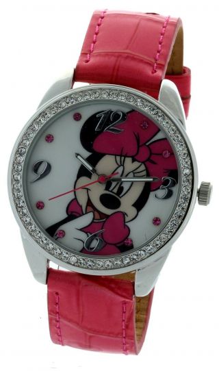 Disney Collectible Minnie Mouse Watch Pink Strap Stone Bezel