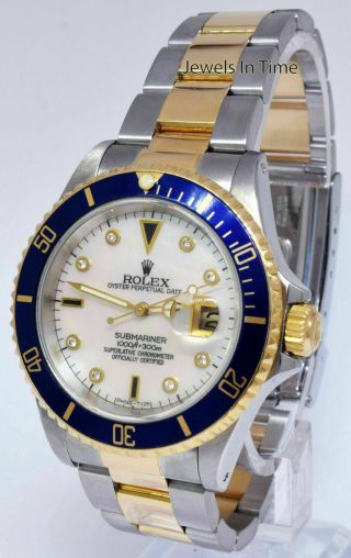 Rolex Submariner 18k Yellow Gold/steel Mop Serti Diamond Dial Watch E 16613