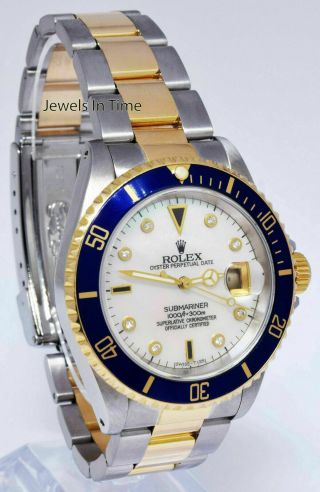 Rolex Submariner 18k Yellow Gold/Steel MOP Serti Diamond Dial Watch E 16613 2