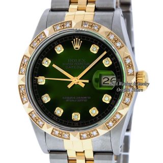 Rolex Mens Datejust 16013 Ss/18k Yellow Gold Green Vignette Diamond Dial Bezel