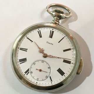 Antique Swiss Made Volta Quarter Repeater Open Face Pocket Watch In Nickel Case