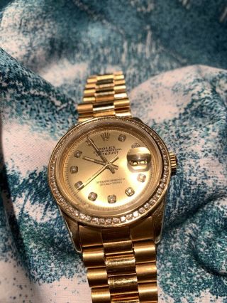 Mens Rolex Day - Date President Solid 18k Gold Watch Diamond Dial 1ct Bezel 18038 6
