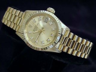 Rolex Date President Ladies Solid 18k Yellow Gold Watch Champagne Diamond Dial