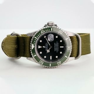 Rolex Men ' s Watch 40mm Submariner 16610 Steel Black Green Face Green Nylon Band 3