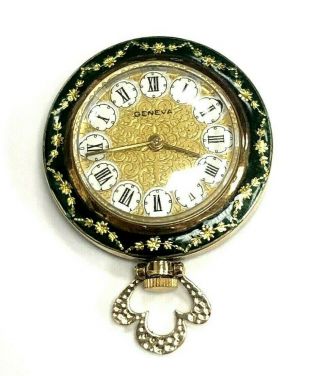 Vintage Art Deco 14k Yellow Gold Green Enamel Round Pocket Watch