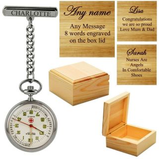 Personalised Engraved Nurses Fob Watch With Engraved Wooden Box Any Name Message