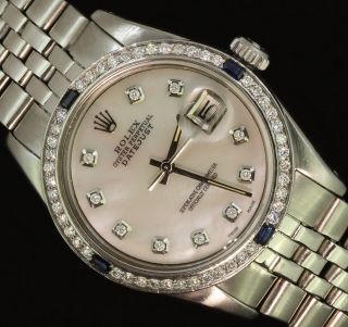 Rolex Mens Datejust Steel Oyster Diamond Sapphire Bezel Dial Pearl Watch