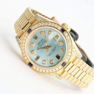 Womens Rolex Datejust 69178 18k Gold Sky Blue 1.  27 Ct Diamonds And Sapphires