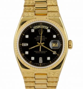 Rolex Oysterquartz Day - Date President 36mm Black Diamond 18k Gold Watch 19018