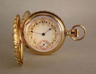 Antique Waltham 14k Multicolor Solid Gold Hunter Case Fancy Dial Pocket Watch