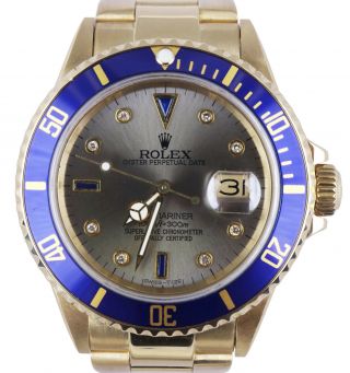 Vintage 1987 Rolex Submariner Date Slate Gray Serti 16808 18k Yellow Gold 16618