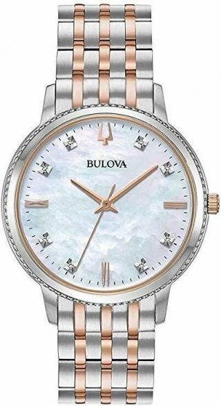 Bulova 98p178 8 Diamond White Mop Dial Rose Gold Two Tone Womens Watch