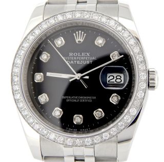 Rolex Datejust Mens Stainless Steel Watch Black Diamond Dial & Bezel 116200