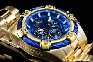 Invicta 52mm Mens Bolt Quartz Chronograph 18k Gold Ip Blue Dial Ss Watch