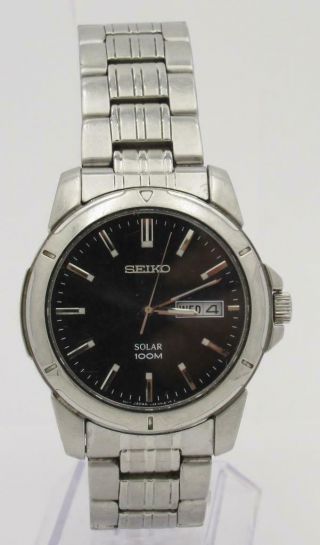 Seiko Solar Mens Sne093 Stainless Steel Black Dial Day Date 100m Watch