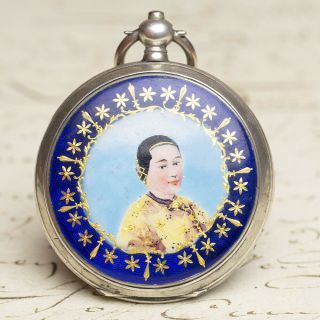 Chinese Market - Enamel Portrait Painting Antique Pocket Watch