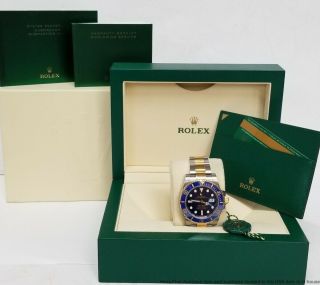 Rolex Submariner 18k Gold Ss 116613lb Quickset Blue On Blue Watch Box Paper Tag
