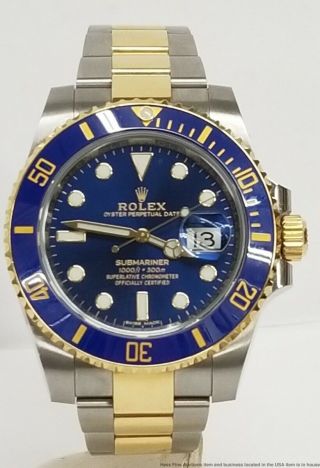 Rolex Submariner 18k Gold SS 116613LB Quickset Blue On Blue Watch Box Paper Tag 2