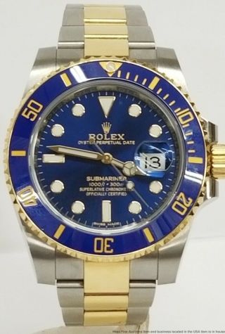 Rolex Submariner 18k Gold SS 116613LB Quickset Blue On Blue Watch Box Paper Tag 3