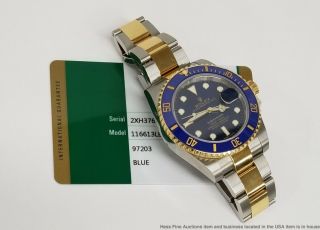 Rolex Submariner 18k Gold SS 116613LB Quickset Blue On Blue Watch Box Paper Tag 4