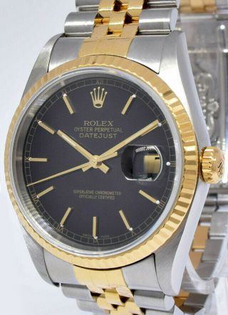 Rolex Datejust 18k Yellow Gold & Steel Black Dial Mens 36mm Watch Y 16233