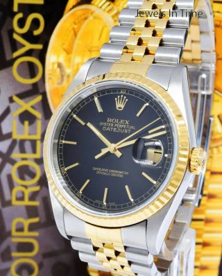 Rolex Datejust 18k Yellow Gold & Steel Black Dial Mens 36mm Watch Y 16233 2