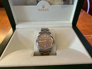 Rolex Oyster Perpetual Steel Red Grape Mens 39mm Watch 114300