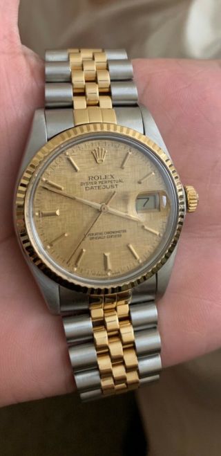 Rolex Champagne Linen 18k Yellow Gold And Stainless Steel Datejust Vintage 16013