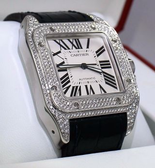 Cartier Santos 100 Large 3.  35 Ct Diamonds Leather Band Automatic 2656 / W20073x8