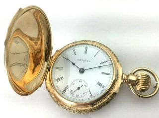 Antique Elgin 14kt Gold Hunter Case Pocket Watch 7j 18s circa 1900 4