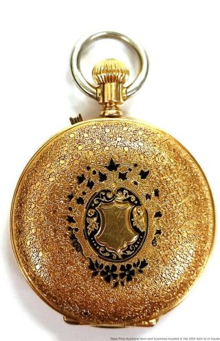Exquisite 18k Yellow Gold Black Enamel Ladies Antique Hunter Pocket Watch