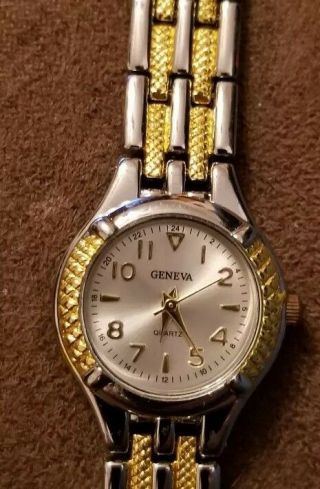 Geneva Mens Watch Gold And Silver Tone Band And Case Silver Face Vintage